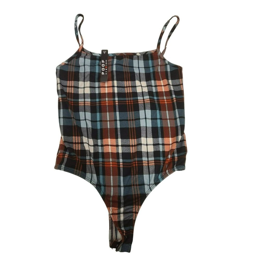 Poof New York Plaid Bodysuit Spaghetti Strap Black Blue Red Women's M NWT